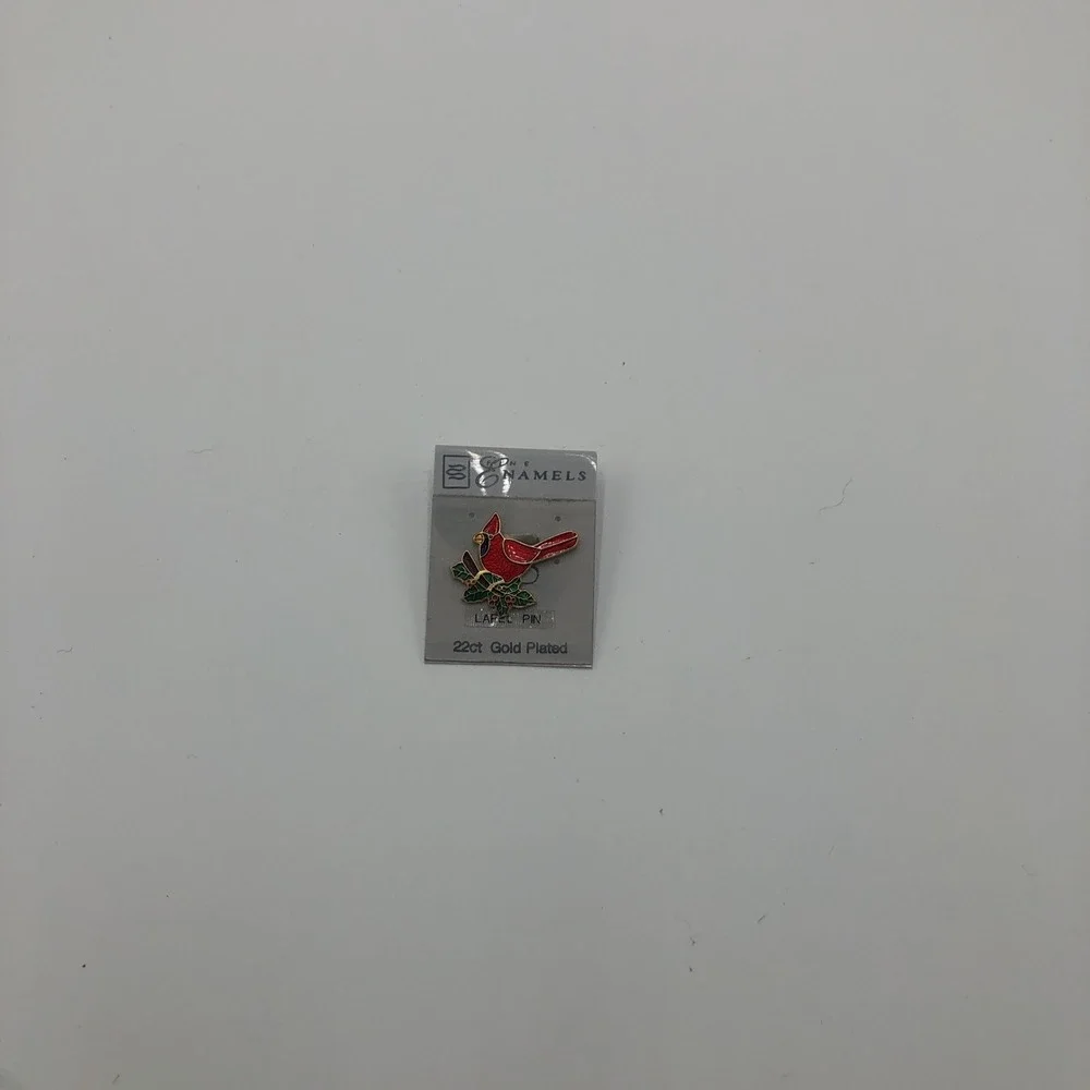 Cardinal Lapel Pin 22k Gold Plated New Enamels Red Bird Green Leaves‎
